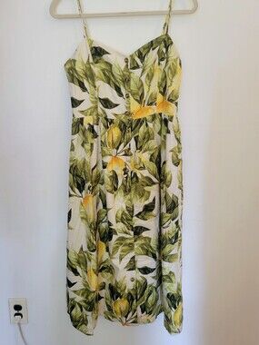 H&M White Linen Blend Midi Dress with Lemon Print